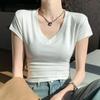 Women's V-Neck Slim Fit Waist-Cinching Short-Sleeve T-Shirt - Versatile High-End Niche Style