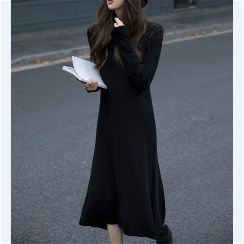 Solid color versatile turtleneck knitted dress women's autumn and winter new medium and long loose inner bottom sweater skirt
