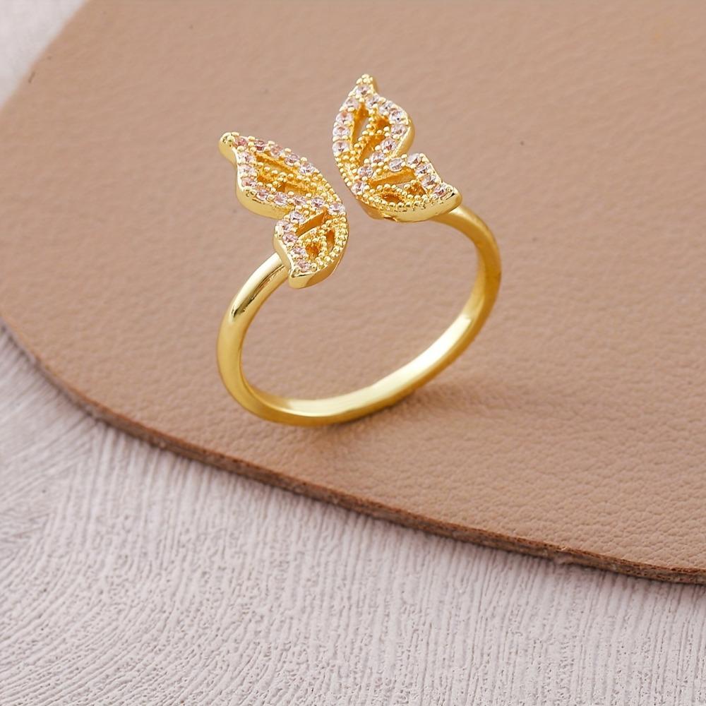 Delicate Hollow Butterfly Open Ring, Zircon Inlaid Copper Jewelry Elegant Leisure Finger Ring for Women Summer Dating Daily Wear