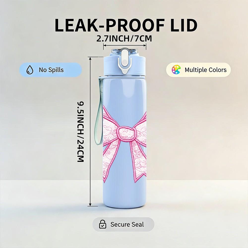 1PC Soft Pink Fabric Bow Decor Print 750ml Color Plastic Sports Water Bottle Leakproof Flip Straw Lid Suitable for Sports Office Home Use