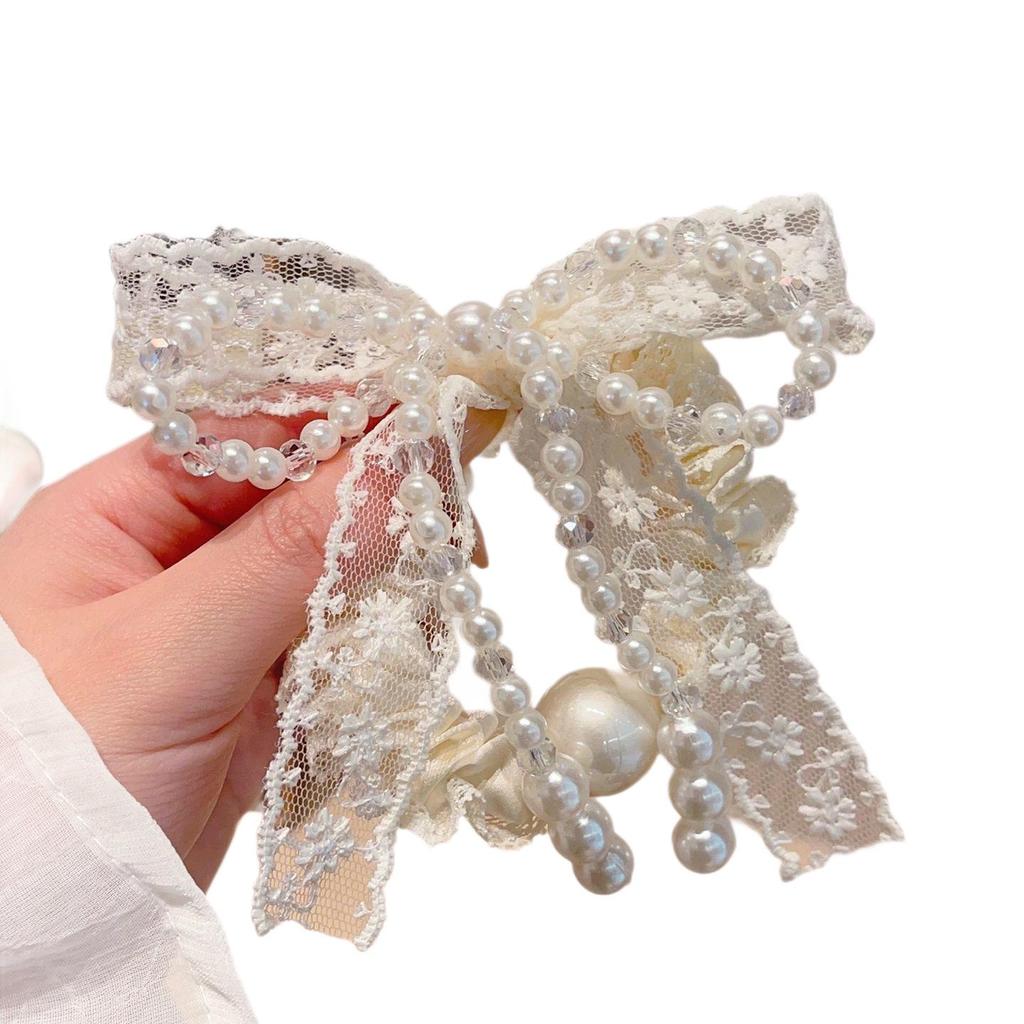 Korean Style Lace Bow Pearl Hair Tie for Women - Gentle Girly Heart Hair Accessory
