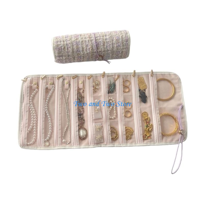 HX6F Sustainable Fabric Jewelry Organiser for Women Portable Multi Compartment Storage Bag For Necklaces Earrings