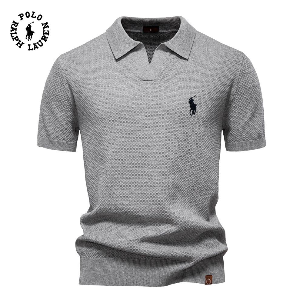 Ralph Lauren Summer Embroidery Large Pineapple Pattern Woolen Polo Sweater for Men s Business, Seagull Collar, Men s Short Sleeve Sweater S