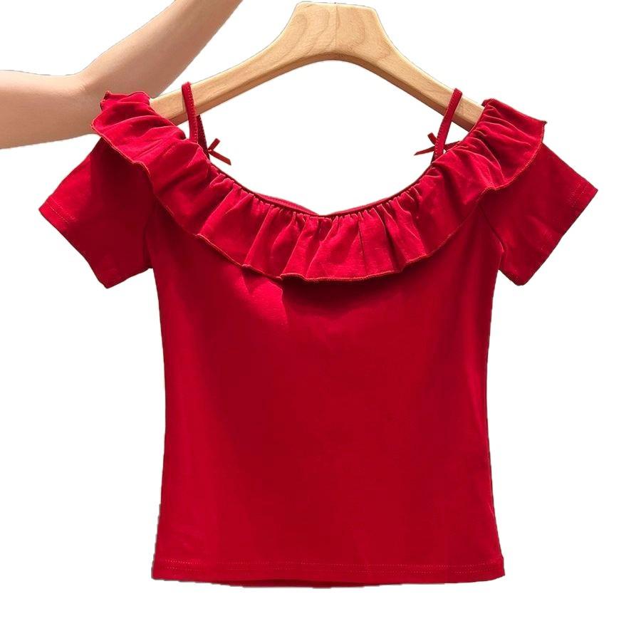 Top Estivo da Donna 2025 con Spalline Sottili, Scollo Bardot, Volant e Fiocco, Vita Sagomata, Vestibilità Slim
