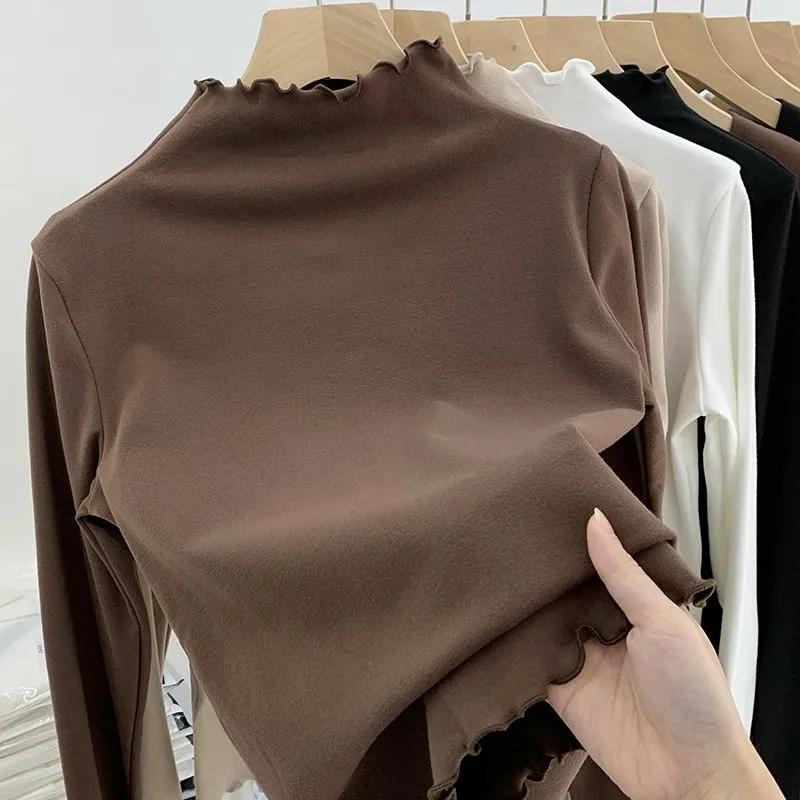 Women's Autumn Winter Fleece Lined Plus Size Tops Long Sleeve Turtleneck Velvet Base T-shirt