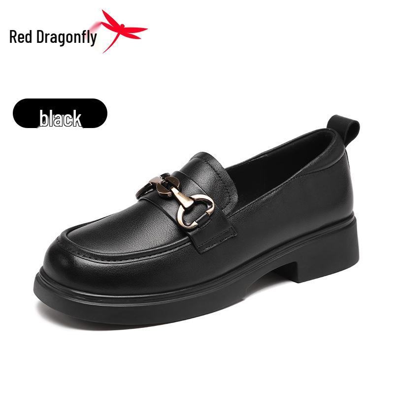 Red Dragonfly Women s Chunky Heel Loafers - Autumn British Style Genuine Leather Soft Sole Shoes 38 чёрный