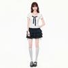 Design polka dot lace-up fake two-piece front shoulder short-sleeved t-shirt women's summer slim-fitting waist short top