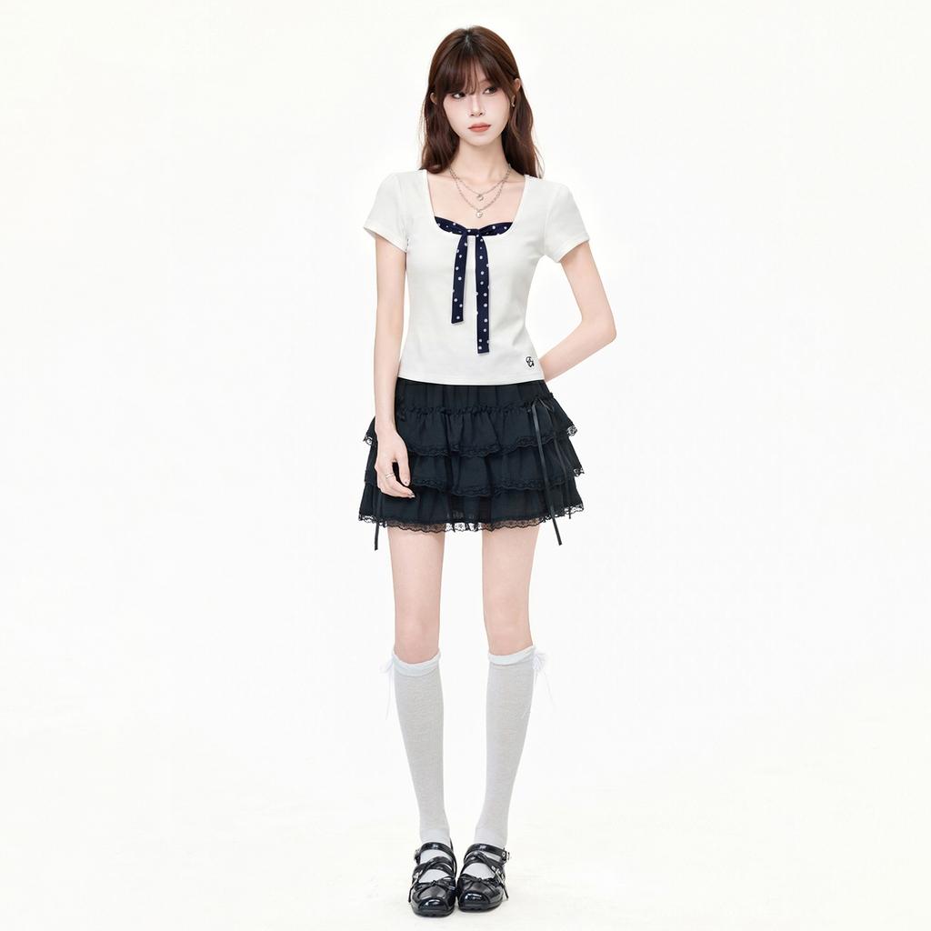 Design polka dot lace-up fake two-piece front shoulder short-sleeved t-shirt women's summer slim-fitting waist short top