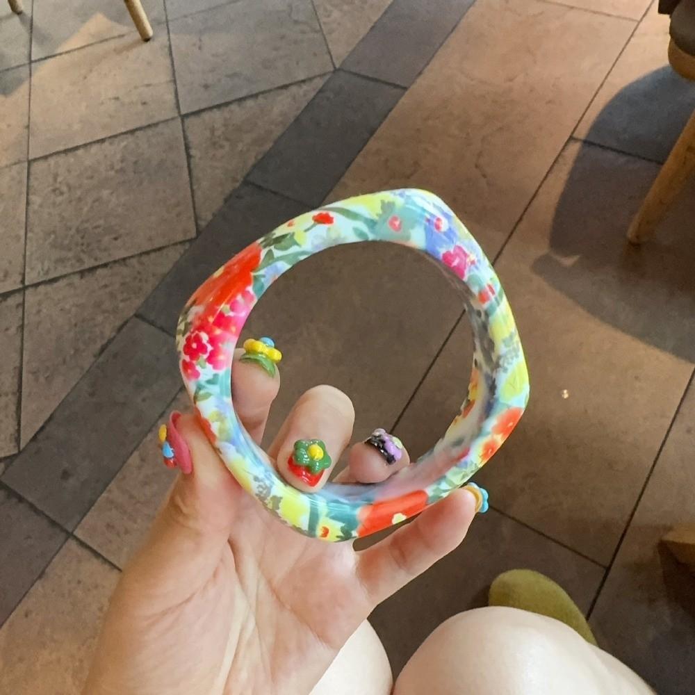 Bohemian Vintage Floral Resin Bangle Minority Design Flower Print Square Chunky Bangle Decoration