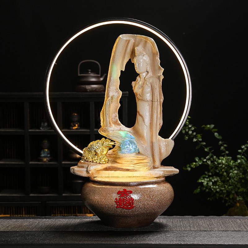 Zen Guanyin Buddha Statue with Golden Cicada Lamp and Flowing Water Fish Tank for Home Entrances.