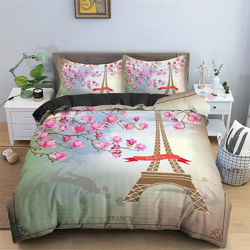 Paris Eifel Tower Twin King Soft Duvet Cover Romantic Theme Swet Couple Beding Set Microfiber Flower Warm Comforter Cover For Girl Ten