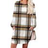 Damen Kariert Modisch Langärmlig Rundhals Taschenkleid