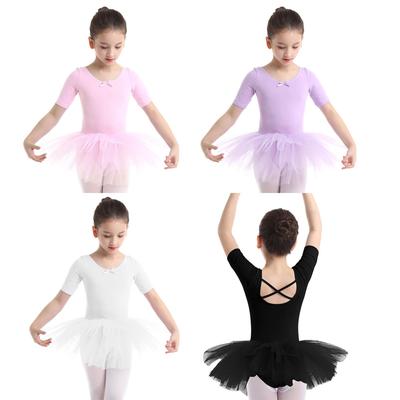 Kids Girls Short Sleeve Cotton Tulle Gymnastics Leotard Skirt Ballet Tutu Dance Leotard Dress