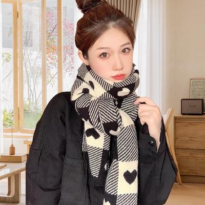Love Checkerboard Soft Glutinous Scarf Women'S Season Thickened Arctic Velvet Warm Neck Japanese Sweet Knitted Shawl