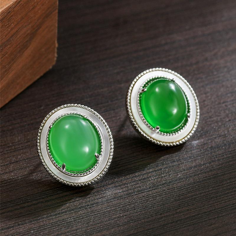 New Chinese Natural Shell Green Jadeite Stud Earrings Oval Stud Earrings S925 Silver Needle White Fritillary Edged Premium Earrings