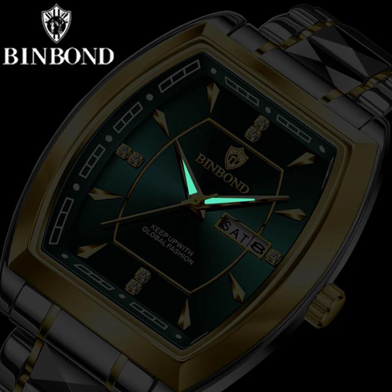 BINBOND Men's Watch Authentic Light Luxury Wine Barrel Steel Belt Waterproof Night Light Calendar Men's Student Quartz Watch