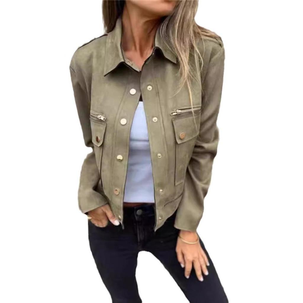 Women's Suede Jacket Lapel Long Sleeve Metal Zipper Outerwear Autumn Winter Coat