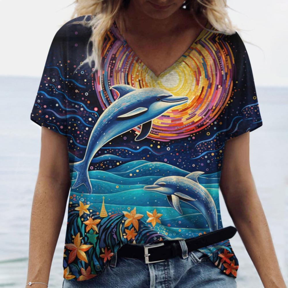 Women's T-Shirts Dolphin Print Tops V-Neck Fashion Female Vintage Aesthetics Tees Loose Oversized Funny Clothing