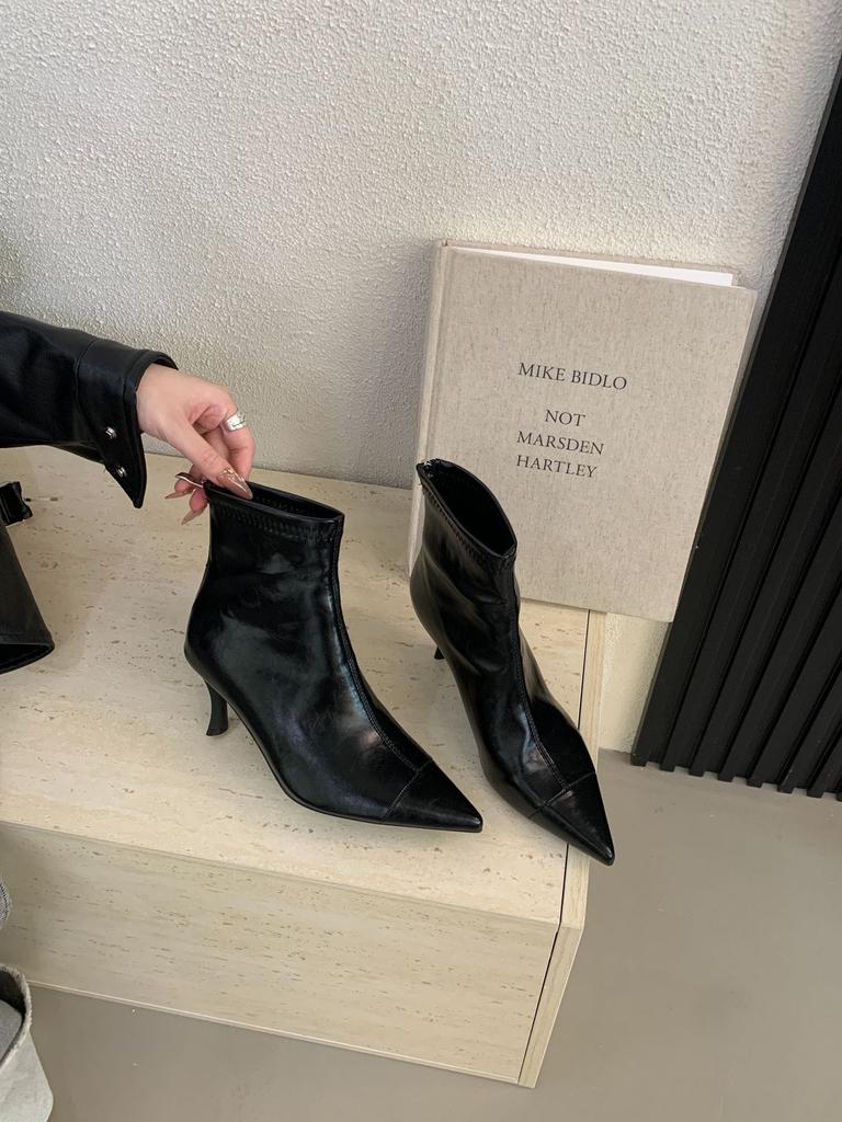 2025 Autumn and Winter New Pointed Simple Thin Heel High Heel Thin French Women's Short Boots Thin Boots