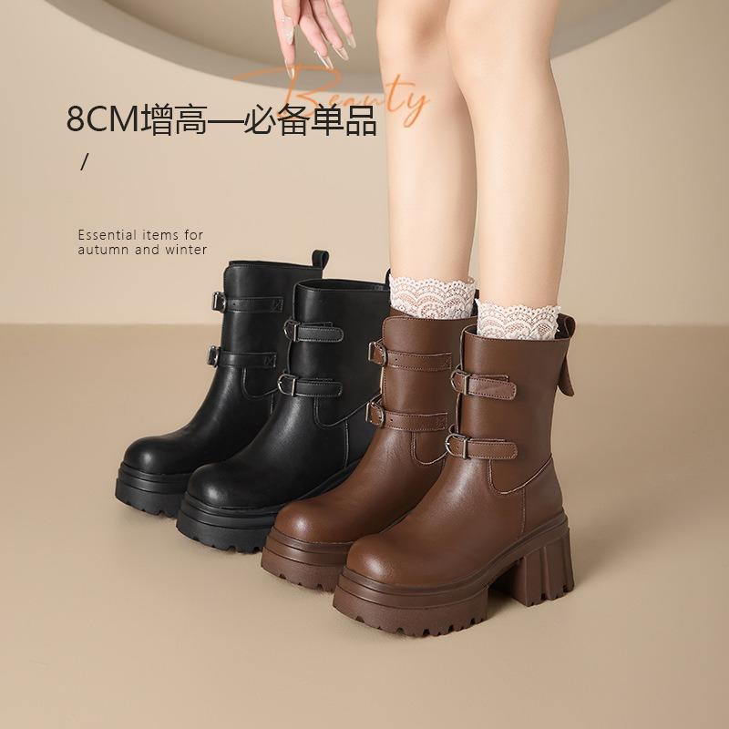 Brown Martin boots women's autumn and winter new inner heightening short boots retro medium boots Maillard