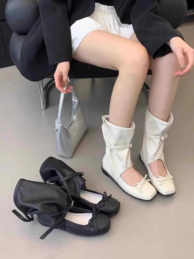 Fashion Retro Square-Toe Mary Jane Shoes - Women's Milk-White Bow Strappy Flats
