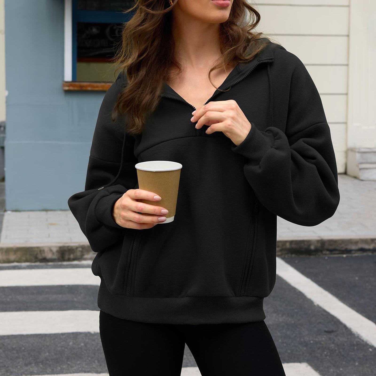 

Женский свободный удобный повседневный и модный свитшот с капюшоном с V-образным вырезом однотонный с длинным рукавом M чёрный