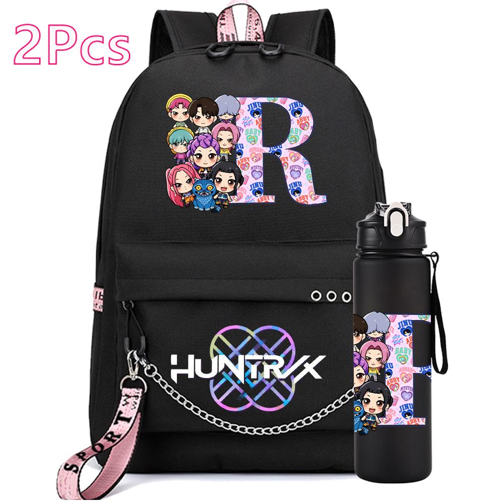 2Pcs/set 26 English Letter K-pop Printed Backpack with 750Ml Water Bottler for Teenager Girl Boy Bookbag Kid Gift Large Capacity Waterproof Travel Bag