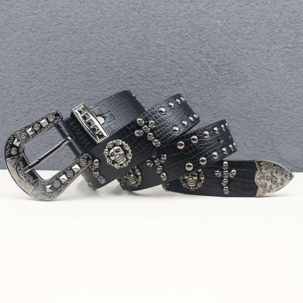 Crocodile Pattern American Western Rivets Skeleton Street Rivets Punk Men's Belt Women