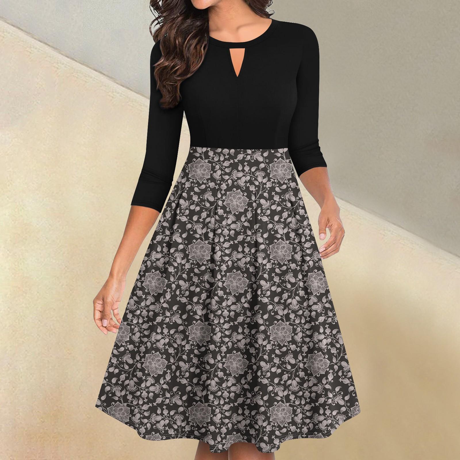 

Женские винтажные цветочные принты с рукавами 3/4, расклешенные, А-силуэта, свободные, повседневные платья для вечеринок XXL тёмно-синий