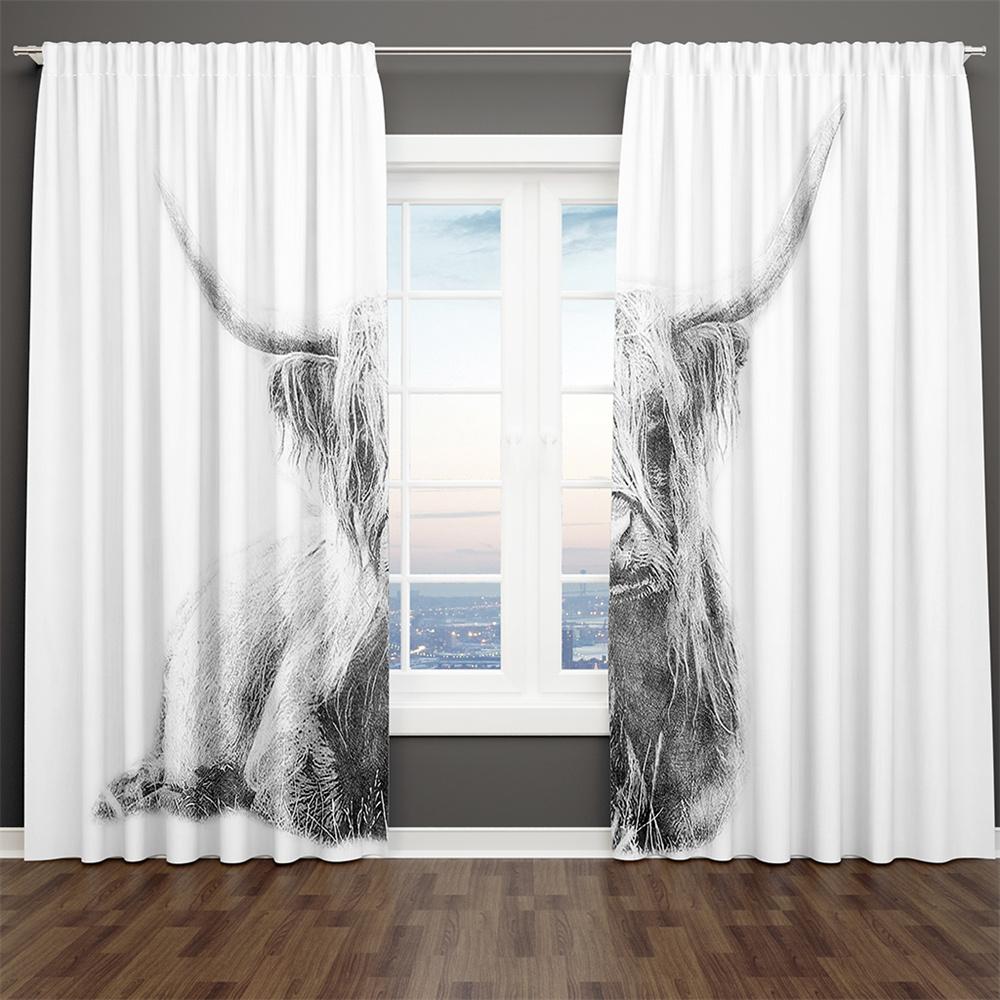 Classic Grey Black and White Yak Wild Animal 2 Pieces Shading Window Curtains for Living Room Bedroom Home Decor Hook