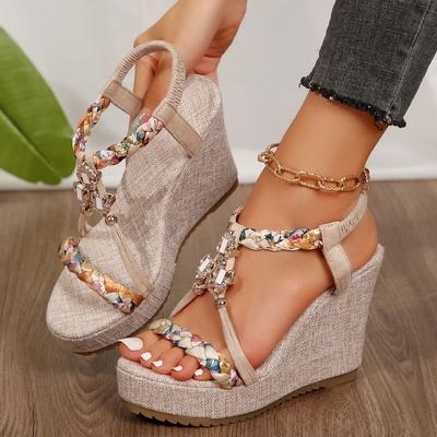 Metall-Deko Keilsandalen für Damen Sommer 2026 Geflochtenes Band Plateau Gladiator-Sandalen Damen Dicker Boden Strand Sandalias Mujer
