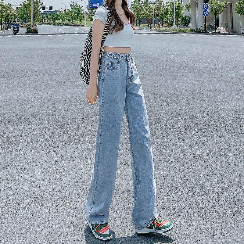 Adjustable High Waist Wide Leg Denim Jeans for Women - Straight, Loose, Floor-Length, Summer 2025.