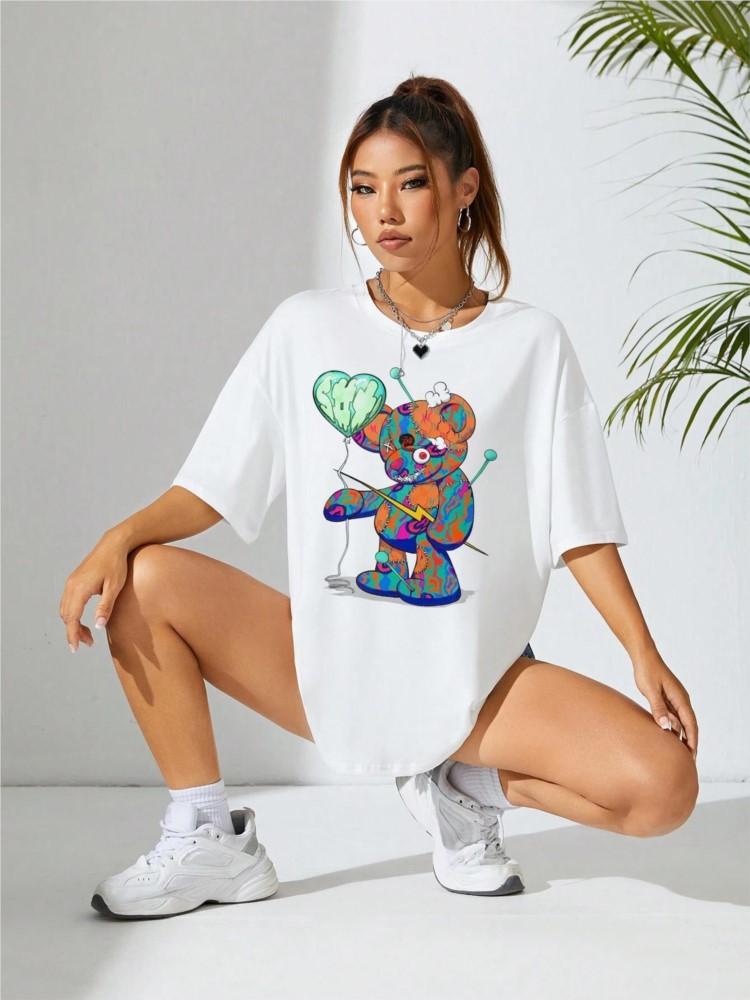 Summer Womans Cotton TShirts Kawaii OK Teddy Bear Graphic Prints Tees Fashion Casual Female Clothes Comfortable Street Tops