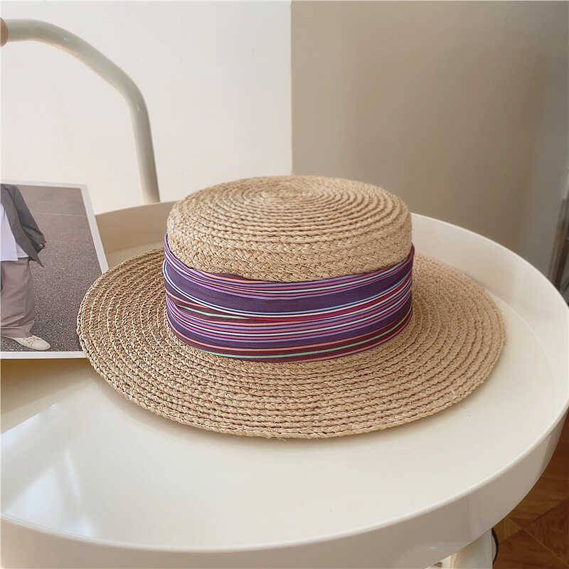 Top Hat Retro Straw Hat Women's Summer Travel Seaside Sunscreen Sun Hat Casual Flat Top Straw Beach Hat