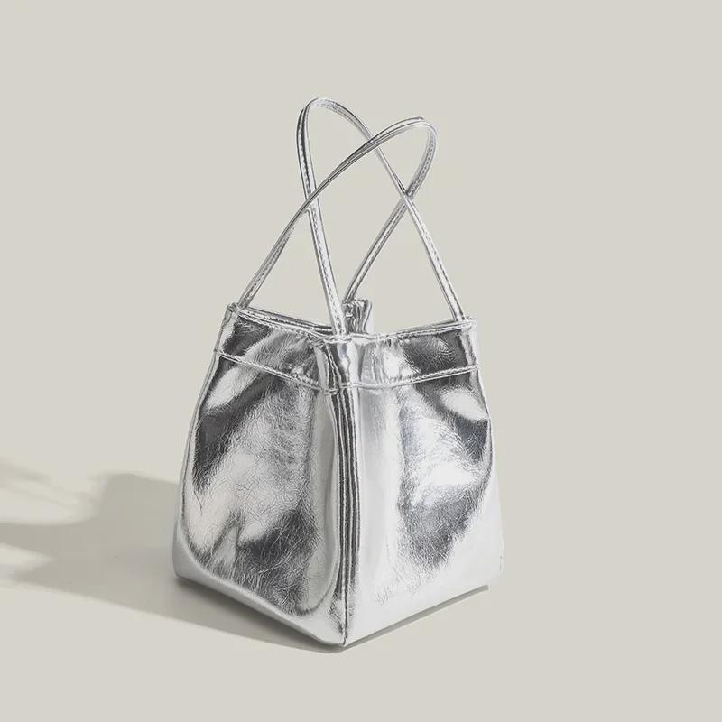 2025 Spring/Summer Women's Silver Leather Lunch Handbag – Small Square & Vegetable Basket Design