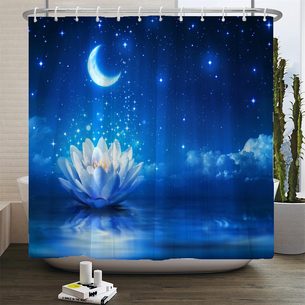 Full Moon Shower Curtain Ocean Landscape Starry Sky Waterproof Fabric Shower Curtains Bathroom Accessories Curtain With Hooks