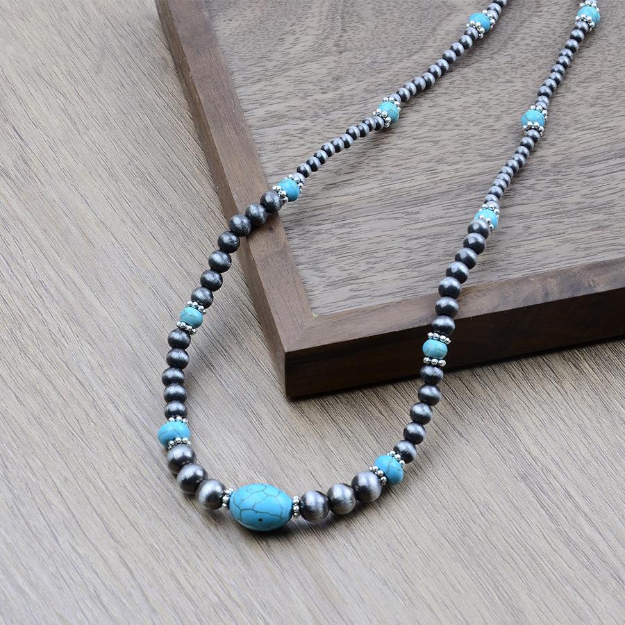 European and American Natural Turquoise Beaded Necklace Bohemian Size Round Bead Neck Chain High-end Jewelry Women