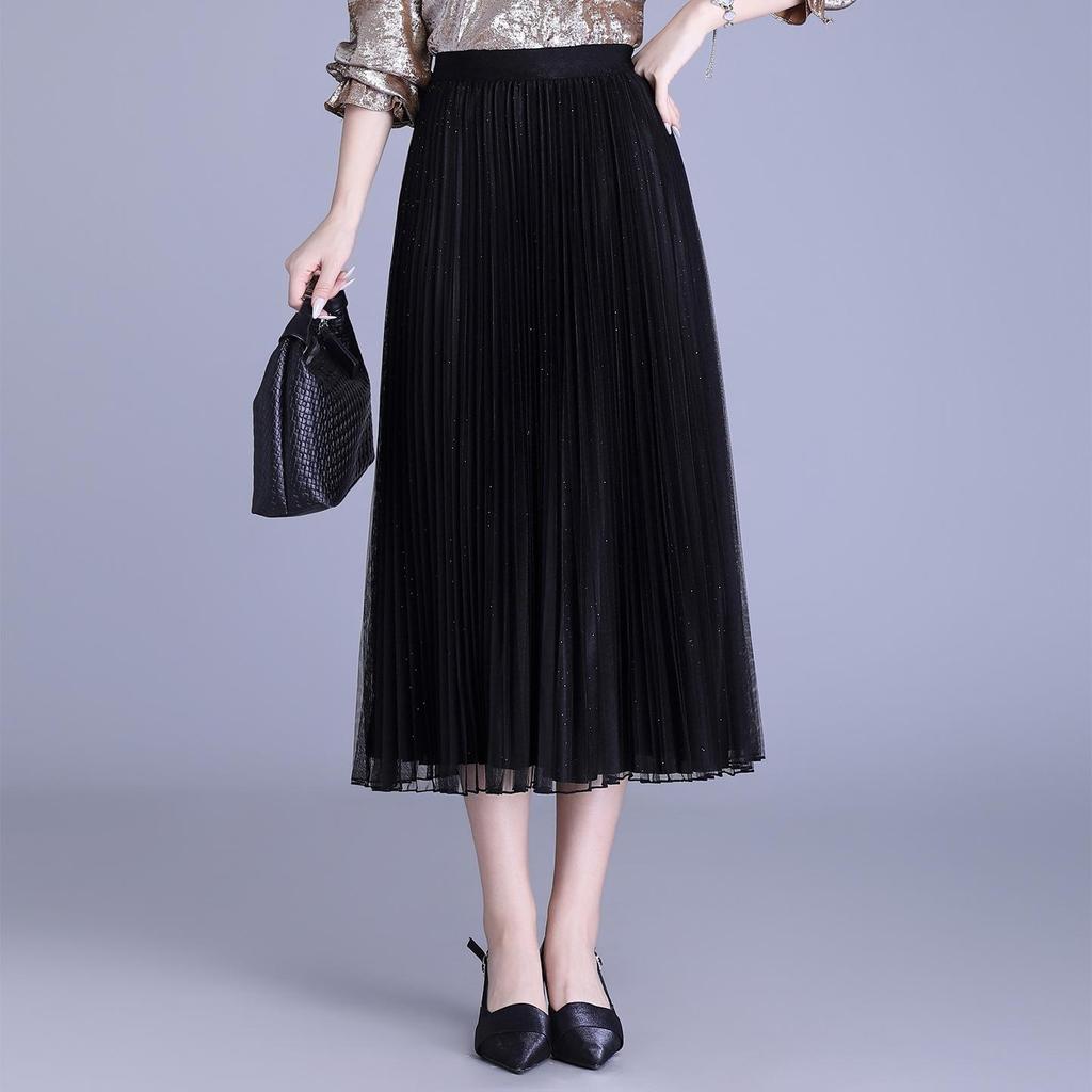 Solid Color High-Waisted Pleated Lurex Mesh Midi Skirt
