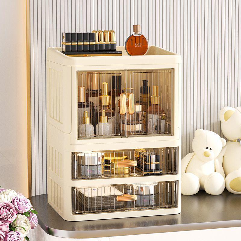 Foldable Double Door Skincare Organizer with Drawers and Multi-Layer Storage