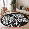 1pc Non-slip Round Mat - Machine Washable, Black with White Tropical Leaves Pattern, Suitable for Living Room, Bedroom