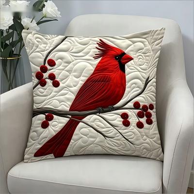 Red Cardinal Bird Pillow Cover 2D Faux Embroidery Quilted Print Winter Berry Branch Cushion Case For Sofa Bed Couch Home Decor