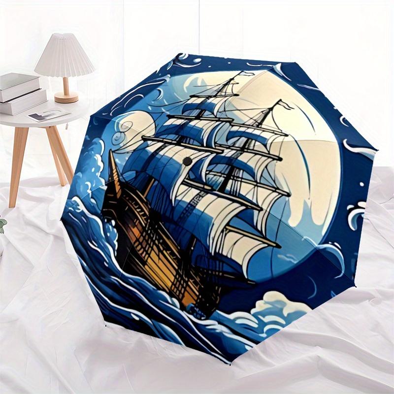 1pc Sailboat Ocean Automatic Open/close, Heavy-Duty Iron Frame & 8-Rib Structure, Compact Folding Umbrella for Women/Men, All-Season Travel, Halloween