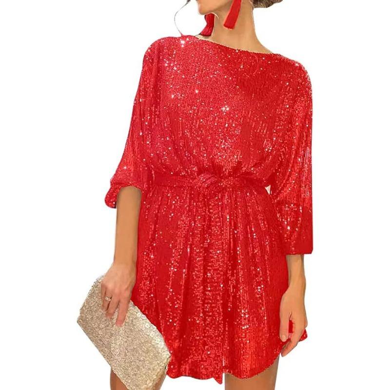 Women Sequins Round Neck Long Sleeve Casual Commute Bodycon Mini Dress