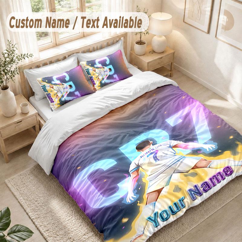 Custom Name Bedding Set 3 PiecesCristiano Ronaldo Print Duvet Cover + 2 Pillowcases Soft Bed Decor