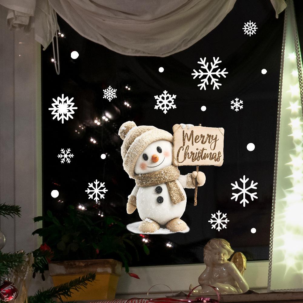 1pc Adorable Snowman with Wooden Sign & Snowflake Glass Stickers - Self-Adhesive PVC Christmas Decoration for Windows & Doors