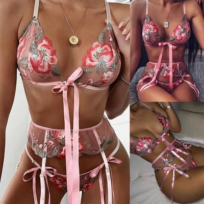 3PCS Bra Lace New Sexy Fashion Bow Tie Sleepwear Underwear Lingerie Flower Lace