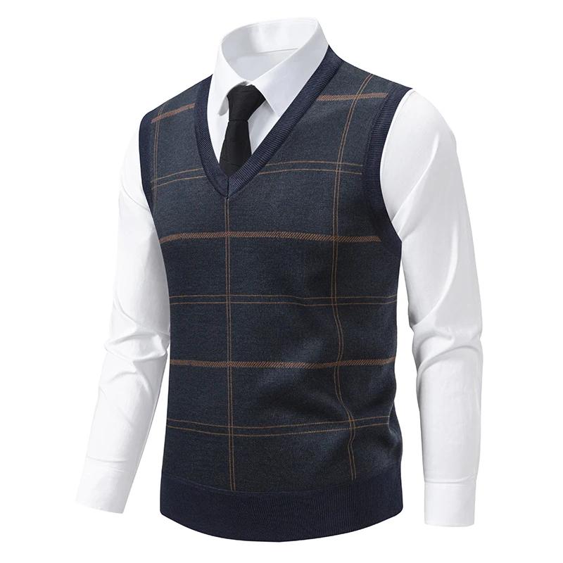 Men's V-neck Knitted Sweater Warm Autumn Winter Casual Fashion Diamond Grid Twisted Flower Design Versatile Top