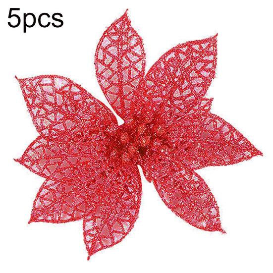 5Pcs Glitter Hollow Artificial Christmas Flower Ornament Xmas Tree Garland Decor