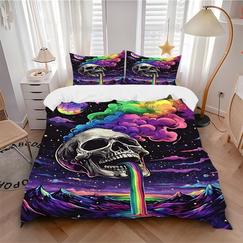 

3pcs bedding set Skull Rainbow Includes 1 Comforter + 2 Pillowcases, Without Pillow Inserts, Soft Comfortable, Lightweight Breathable126 135x200cm