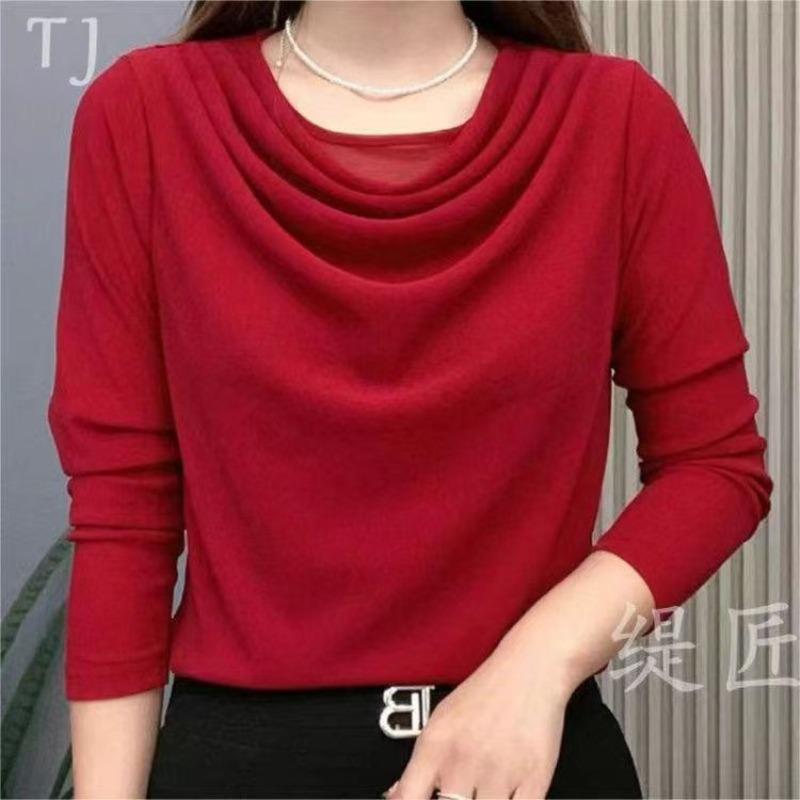 Jaro Podzim Síťovina Úzké Základní Tričko Dlouhý Rukáv Skládané Jednobarevné Tenké Vrchní Díly Trička Vintage Kancelářské Dámské Oblečení